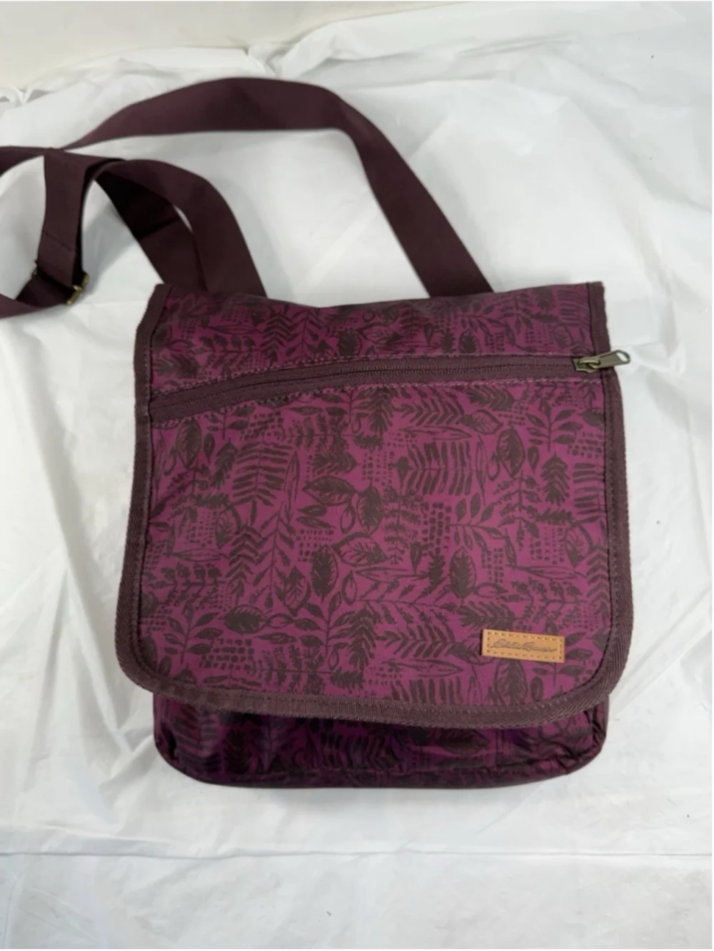 Eddie Bauer Connect Tech Crossbody Bag Burgundy leaf print Travel Tablet Purse